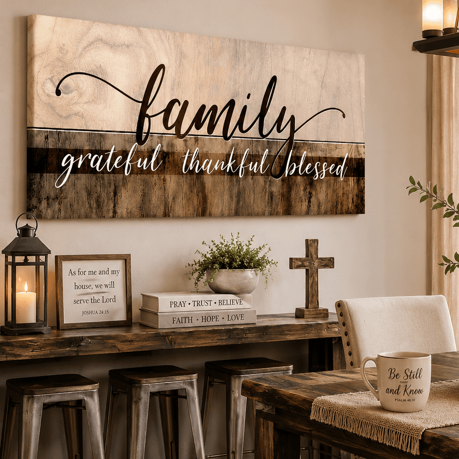Family Wall Art: Family Grateful Thankful Blessed - Rustic Christian Canvas